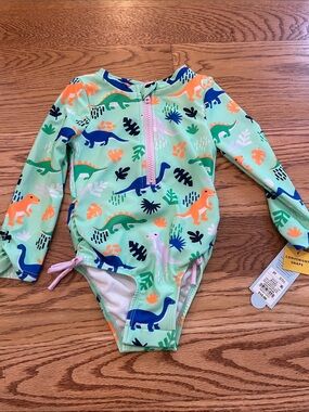 Cat & Jack Long-Sleeve Dino Print One-Piece Swim - Mint Green